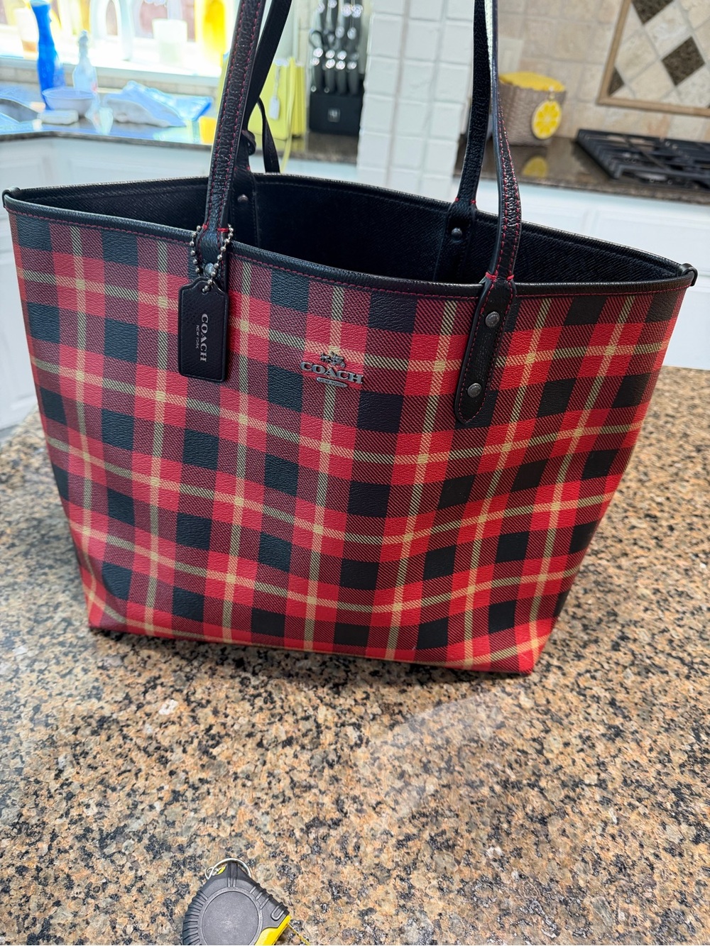 Authentic Coach Reversible City Tote in Wild Tartan Plaid with Matching Pouch